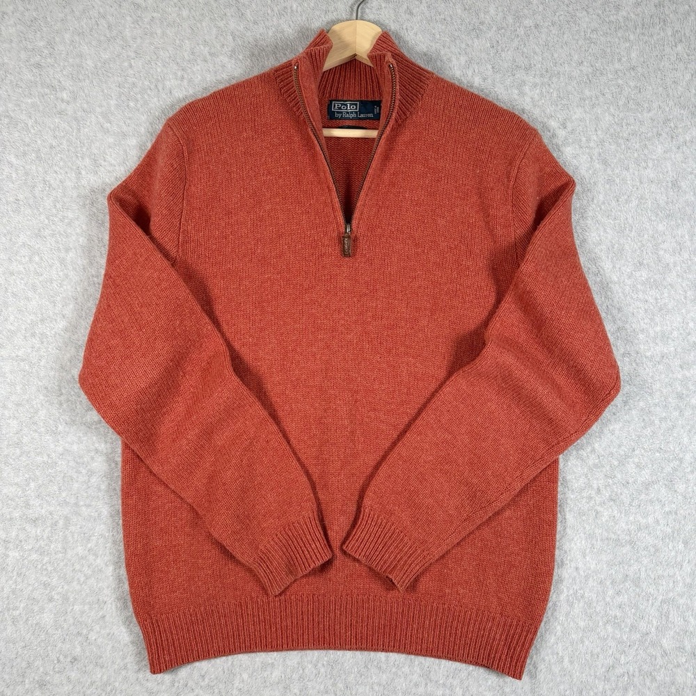 VTG Polo Ralph Lauren Knit Sweater Mens Medium Orange Quarter Zip Lambswool 90s